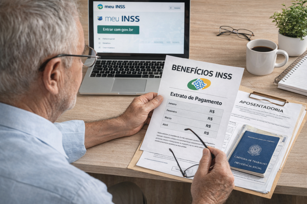 consulta de benefícios do INSS pelo computador com documentos de aposentadoria
