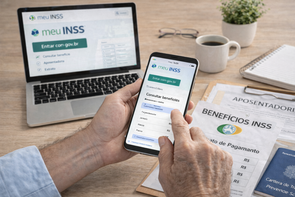 consulta de benefícios do INSS pelo celular e computador com documentos de aposentadoria